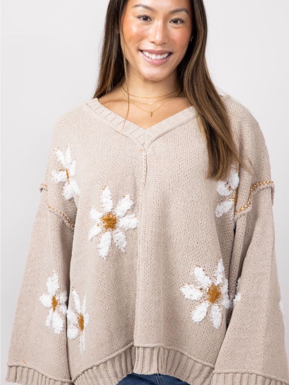 Miracle Beige V-Neck Daisy Knit Sweater